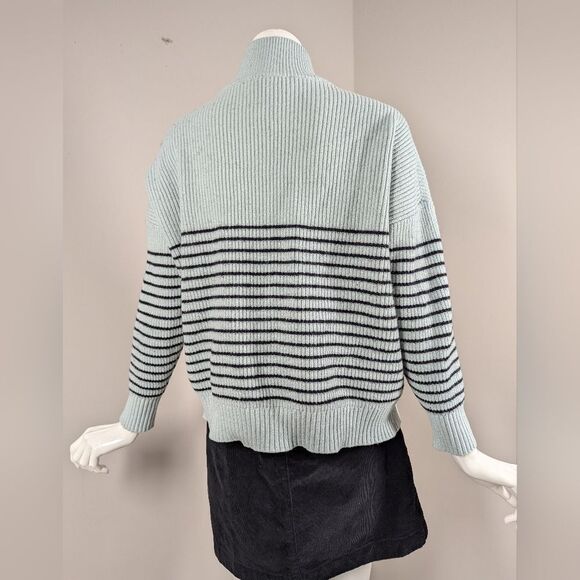 Joan Vass Striped Half-Zip Sweater M Boxy Fit Cropped Classic Knit - Picture 2 of 7